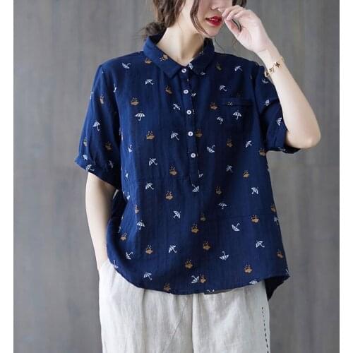 Women Summer Cotton Casual Shirts New Arrival 2021 Simple Style Turn-down Collar Print Loose Female Short Sleeve Tops S3903