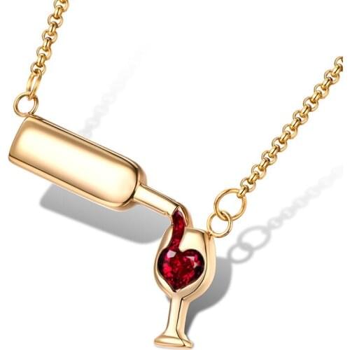 Womens Fashion Stainless Steel Wine Glass Silver Necklace & Pendant Cubic Zirconia Unique Design Necklace Wine Necklace