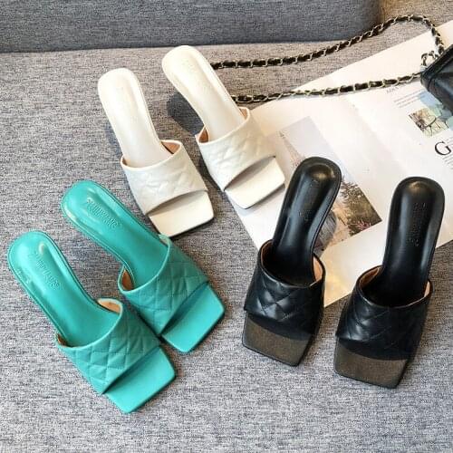 2020 New Spring Square Toe High Heel Mules Women Padded Leather Open Toe Sexy Party Shoes Fashion Slippers Women