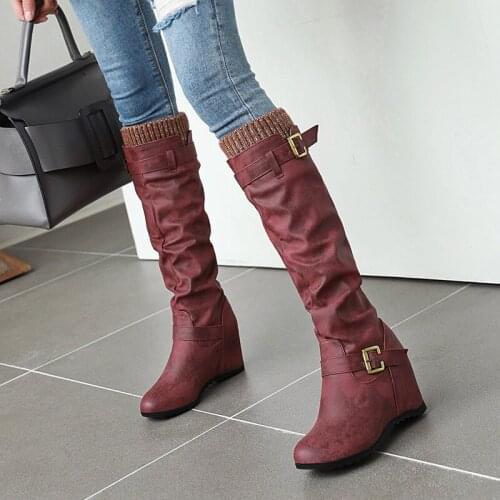 AIWEIYi Women Boots Faux Leather Knee High Boots Wedges Western Boots Round Toe High Heels Long Boots Autumn Winter Martin Boots
