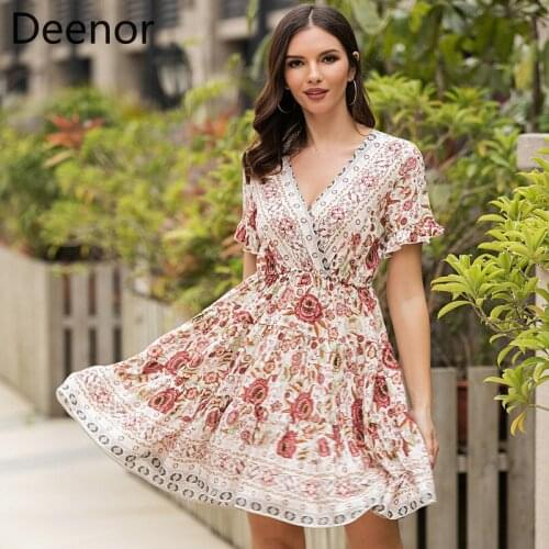 WYBLZ 2021 Women Summer Cottagecore Dress Short Sleeve Mini Dresses Boho Beach Floral Print Vintage Ruffle Clothes Vestido Robe