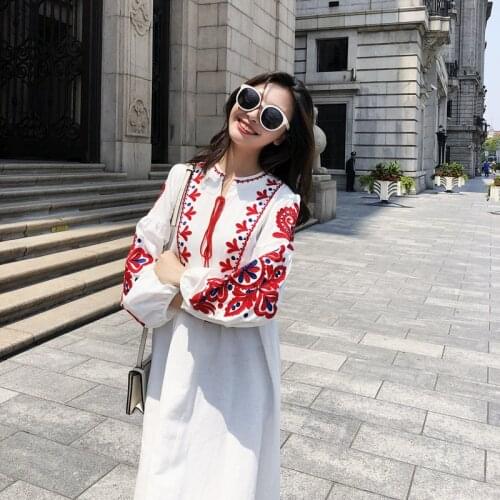 Bohemian National Style Embroidered Flower Round Neck Lantern Sleeve Pleated Loose Show Thin Chinese Style Dress Woman