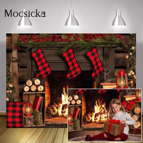 Winter Wooden Fireplace Photography Backdrop Red Sock Christmas Birthday Portrait Background Xmas Cake Smash Photo Studio Props