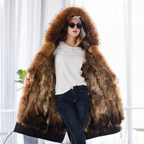 2021 Winter Woman 7XL Natural Fur Overcoat Plus Size Women X-Long Parkas Black Raccoon Fur Lining X long warm jacket coats