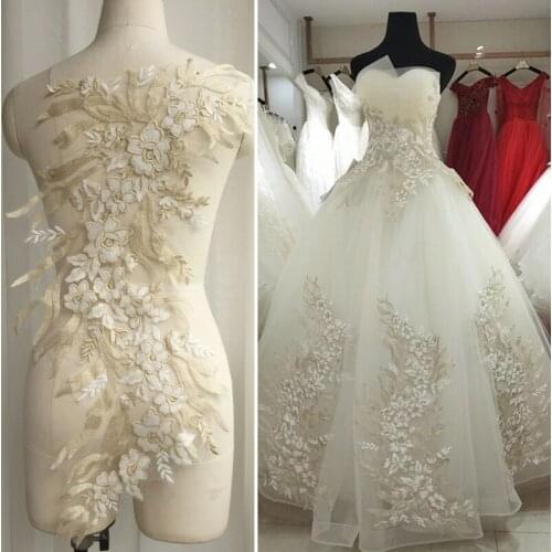 60*27cm Luxury wedding white /gold thread embroidery lace applique bridal dress decoration accessory X621