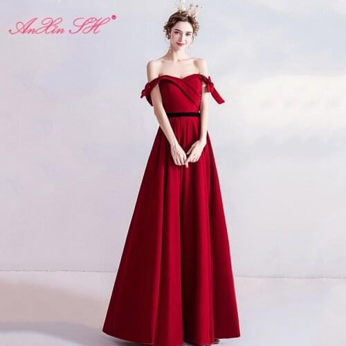 AnXin SH luxury princess red satin evening dress vintage boat neck bow black sashes a line long red bow evening dress 8199
