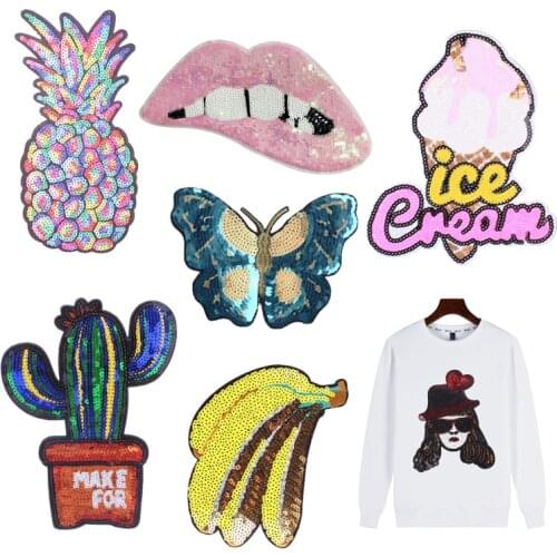 Heart Sequin Applique Embroidery Patches Sew on Large Sequins Patch for Clothing Diy Fruit Applique Stripe on Clothes T-shirt J