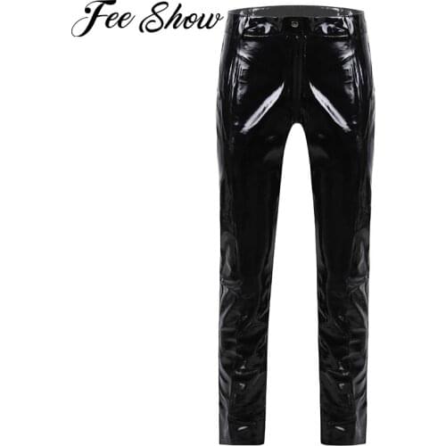 Men Patent Leather Zipper Crotchless Pants Nightclub Bar Stage Performance Costumes Wet Look Faux Leather Trousers Exotic Pants