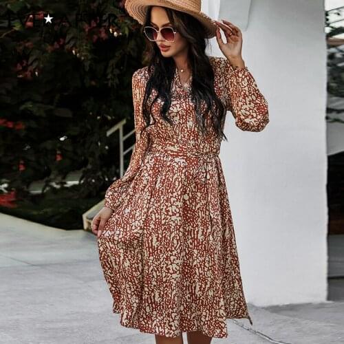EVERAFTER Leopard Print A-line Spring Dress Women V-Neck Sashes Bow Long Sleeve High Waist Vintage Chic Office Female Midi Dress