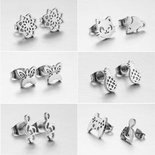 Sasusp Stainless Steel Mouse Cat Gamepad Musical Notes Butterfly Pineapple Earrings For Women Kids Daughter Sister New Year Gift