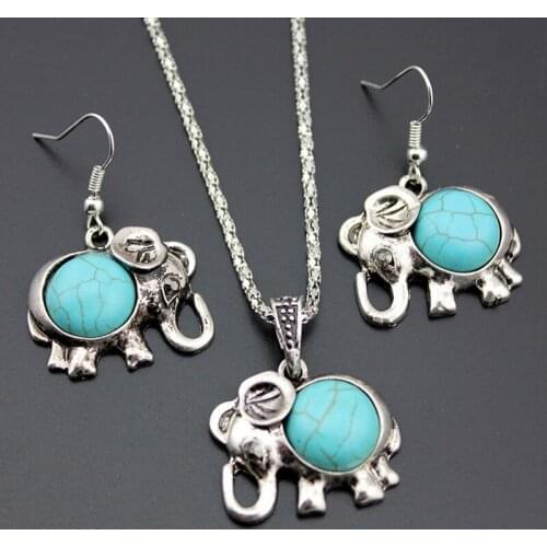 Antique Silver Color Jewelry Set Elephant Pendant Blue Beads Necklaces Drop Earrings Statement Charm For Women Choker