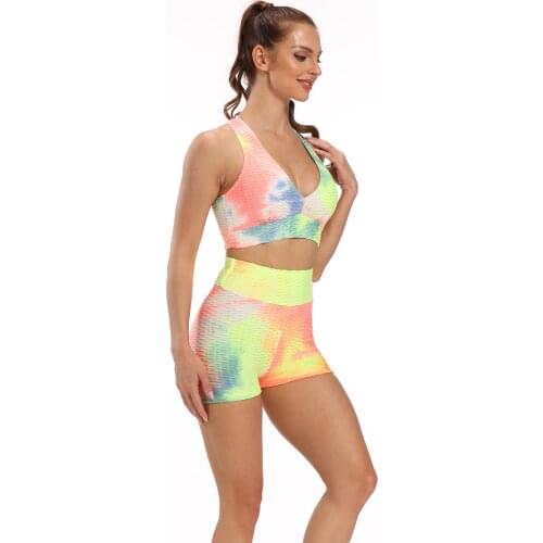 Tie-dye Rainbow Yoga Set Sports Bra & Shorts Stretchy Sport Tops High Waist Push Up Gym short Workout Fitness Suit Sportswear