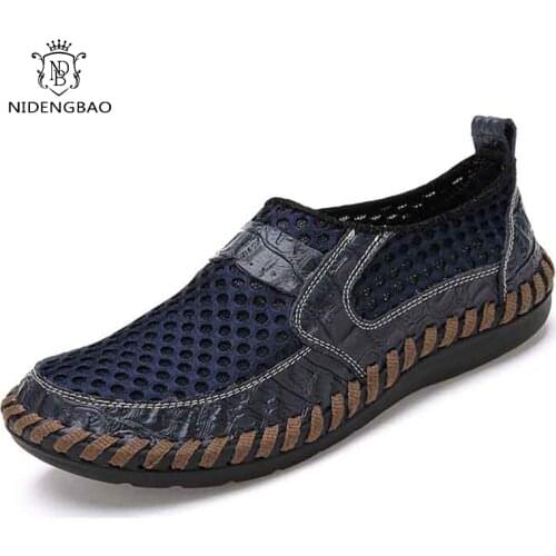 Summer Mens Casual Shoes Breathable Mesh Shoes Italy Men Loafers Genuine Leather Brand Shoes Man Soft Sneakers Big Size 38-50