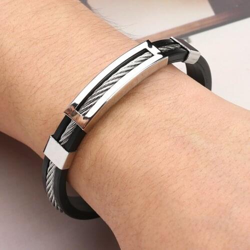 Men Silicone Bracelet Stainless Steel Wire Sport Bracelet Bangle Jewelry Retro Women Black Link Bracelet Pulseira Masculina