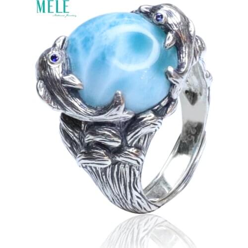 Natural high quality Larimar sea stone waves lovely dolphin ring ring ring ring Dominican gem