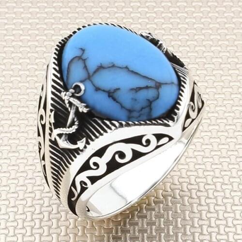 Oxidized Dished Oval Blue Raw Turquoise Stone Men Silver Ring With Anchor Motif Made in Turkey Solid 925 Sterling Silver