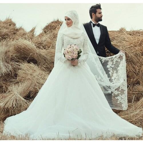 فستان زفاف Muslim Hijab Lace Ball Gowns Long Sleeve White High Neck Modest bridal Vestido de Noiva 2021 espoke Wedding Dresses
