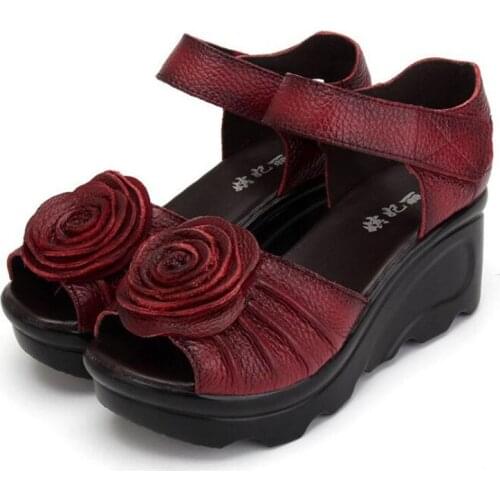 Womens shoes Genuine Leather wedges comfortable female sandals summer thick bottom retro womens shoes Fashion womens sandals