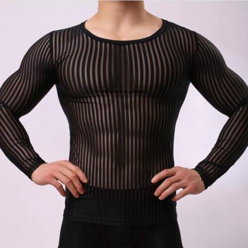 Sexy Men Stripe Transparent long-Shirt Mesh See Through Sexy underwear Gay Sexy Sleepwear FX26