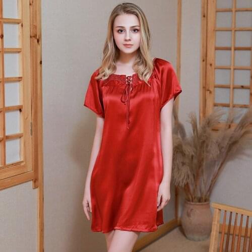 Silk nightgown women sexy sleepwear for women autumn summer 100% mulberry silk nightdress sexy Women short-sleeved piyama