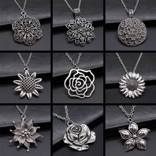 Vintage Fashion Antique Silver Color Flower Pendant Necklace Sunflower Lotus Rose Flower Pendant Necklace For Women