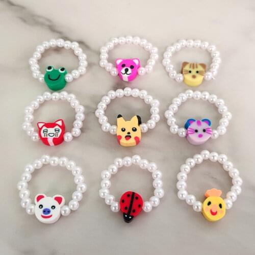 Y2K Jewelry Cute Animal Avatar Beaded Handmade Ring for Women Girls Personality Gothic Rubber Imitation Pearl Beaded Ring Bijoux