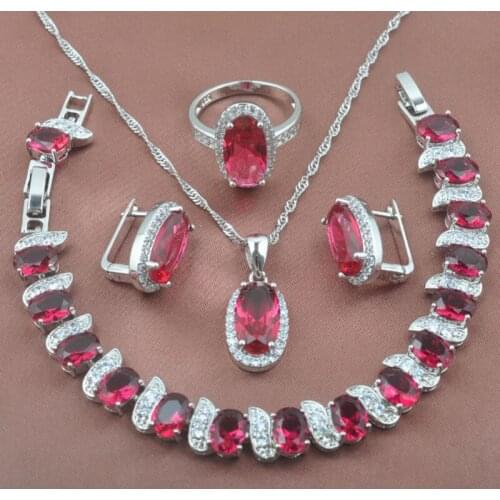 Womens Red Crystal Jewelry Sets With Bracelet Silver Color Necklace and Earrings Ring Set Bridal Wedding 2020 New YZ0170