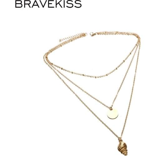 BRAVEKISS Metal Conch Pendant Necklaces Geometric Sequin Multi-layer Necklace Woman Fashion Jewelry for Beach/Holiday BPN1235