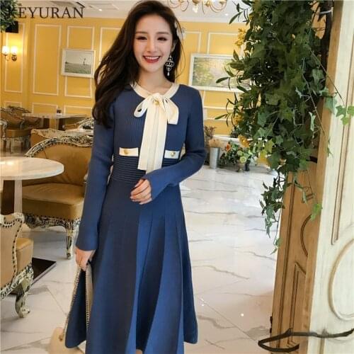 2020 Spring Autumn Womens Knitting Stretch Elastic Dress New Vintage Bow Collar Long Sleeve A-line Dresses Casual Work Vestidos
