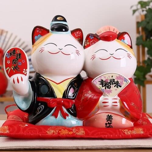 9 inch Wedding Maneki Neko Ornament Ceramic Couple Lucky Cat Home Decorative Gift Feng Shui Piggy Bank Figurine