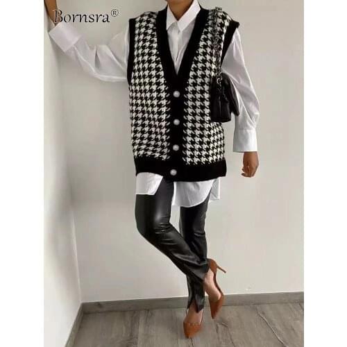 Bornsra Knitted Cardigan Vest 2021 Autumn Winter New Style Houndstooth V-neck Loose Sleeveless Knitted Jacket Vest Women