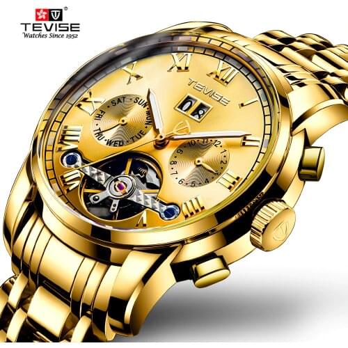 Tevise Top Brand Men Watch Mens Luxury Stainless Steel Tourbillon Calendar Automatic Mechanical Wristwatch Relogio Masculino