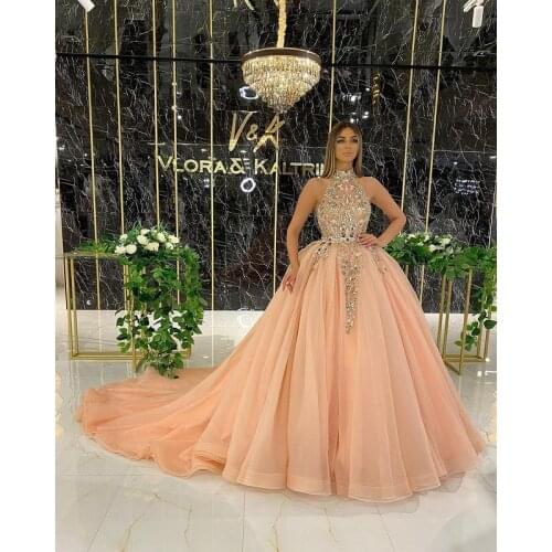 Elegant Peach Tulle Formal Women Evening Dresses With High Neck Lace Appliques Plus Size Prom Party Occasion Gowns