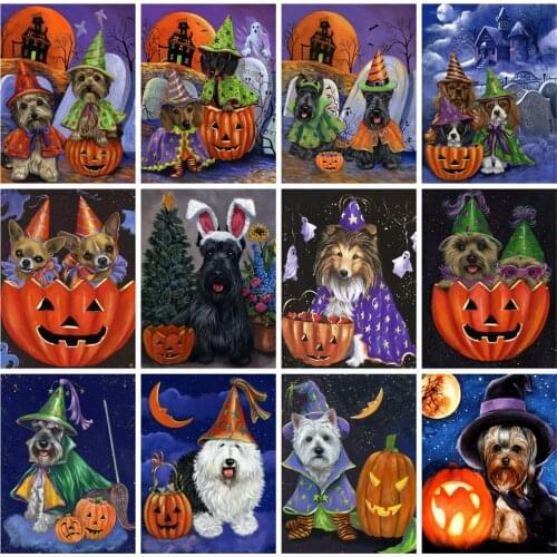 HUACAN Full Square Diamond Painting Halloween Diamond Embroidery Dog Animal Mosaic Home Decoration Handmade Gift