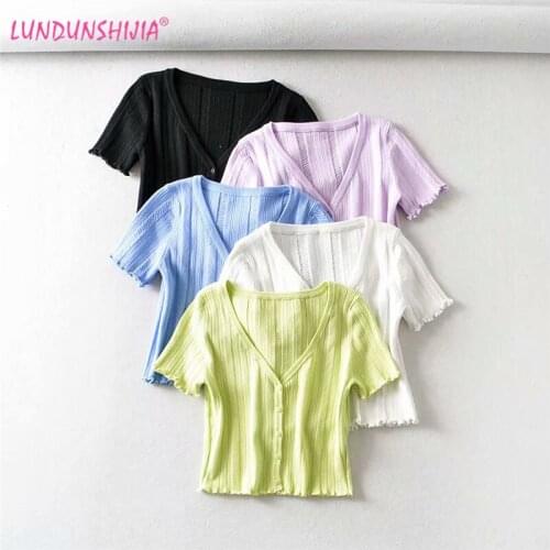 LUNDUNSHIJIA 2020 New Womens Cropped Cardigan Sweaters Female Sweater V Neck Single Breasted Sweater Woman Knitting Cardigans