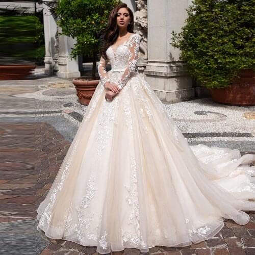 Lhuilier Womens Lace Apliques A Line Wedding Dresses 2020 Scoop Neck High Waisted Full Sleeves Floor Length Bridal Gowns