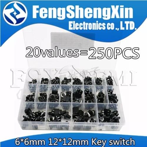 20values=250pcs 6x6 12x12 DIP Micro Switch Assorted Push Button Tact Switches 6*6mm 12*12mm Button Touch Switch Diy Kit