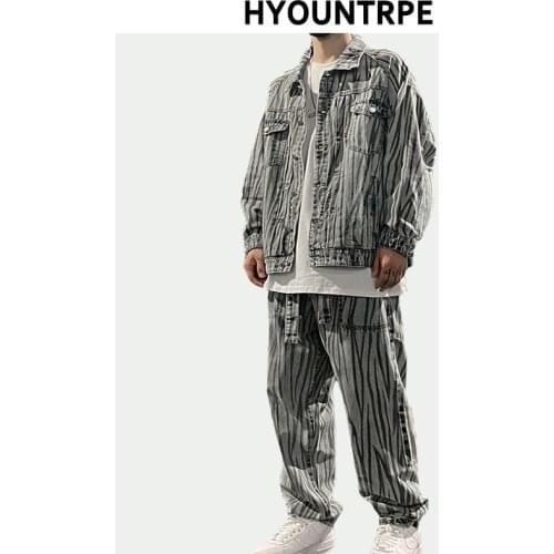 2 Pieces Sets Mens Fashion Striped Single Breasted Denim Jeans Jacket Coat and Zipper Straight Pants Joggers New Streetwear Sets