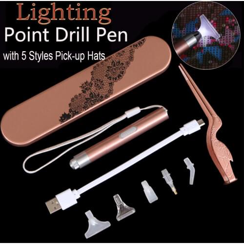 USB Rechargeable 5D Diamond Painting Lighting Point Drill Pen Set Square/Round Drill DIY Diamond Painting Tool With 5 Styles Hat