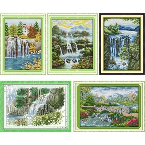 Joy Sunday Stamped Cross Stitch Kits Spring Waterfall Embroidery 11CT 14CT Counted Printed Needlework Decoration Arts Gifts Sets