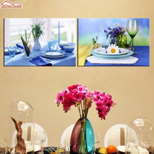 ShineHome-2pcs Wall Art Canvas Prints Painting Cutlery Modular Blue Picture for Kitchen Hotel Restaurant Dining Living Room Deco