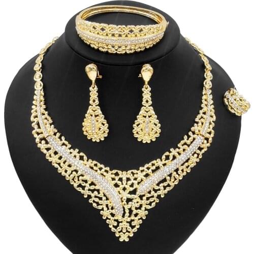Yulaili 2021 New Flower Hollow Gold-plated Diamond Jewelry Set and Hanging Jewelry Sets Series for Arabian Brides Wedding Dinner