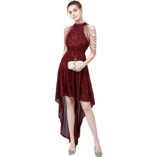 2021 New Party Evening Dress Elegant Off Shoulder Short Fornt Long Back Sequin Dress