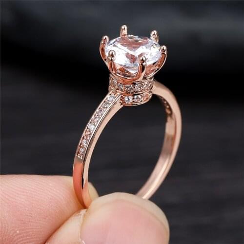 Rose Gold Silver Color Engagement Ring White Zircon Six Claw Round Stone Ring Luxury Crystal Wedding Rings For Women Men Jewelry
