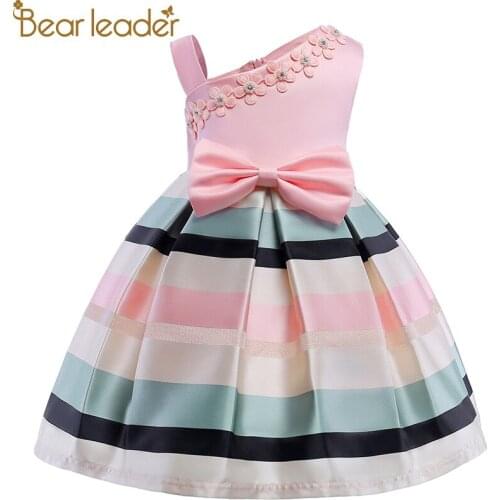 Bear Leader Girls Dresses 2018 New Girls Pearl Flower Party Sleeveless Dress Strap Stripe Princess Bow Dress For 3-8 Years