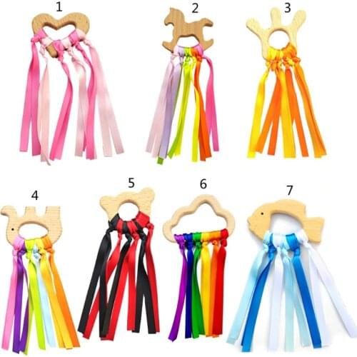 Rainbow Natural Wooden Ribbon Ring Waldorf Toys Baby Teether Newborn Sensory Toy P31B