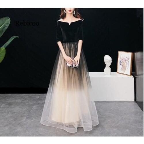 Rebicoo banquet elegant black sexy long section word shoulder slim slimming dress party Off the Shoulder Patchwork
