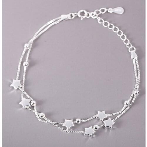 Daisies One Piece Pure 925 Sterling Silver Double Layers Star &Beads Anklet Bracelet Women Statement Jewelry