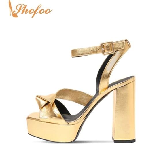 Gold Platform High Chunky Heels Women Sandals Buckle Strap Plus Size 15 16 Ladies Summer Fashion Butterfly-knot New Shoes Shofoo