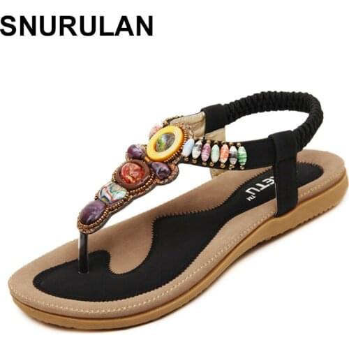 SNURULAN Size 36-42 Bohemian Women Sandals Gemstone Beaded Slippers Summer Beach Sandals Women Flip Flops Ladies Flat Sandals